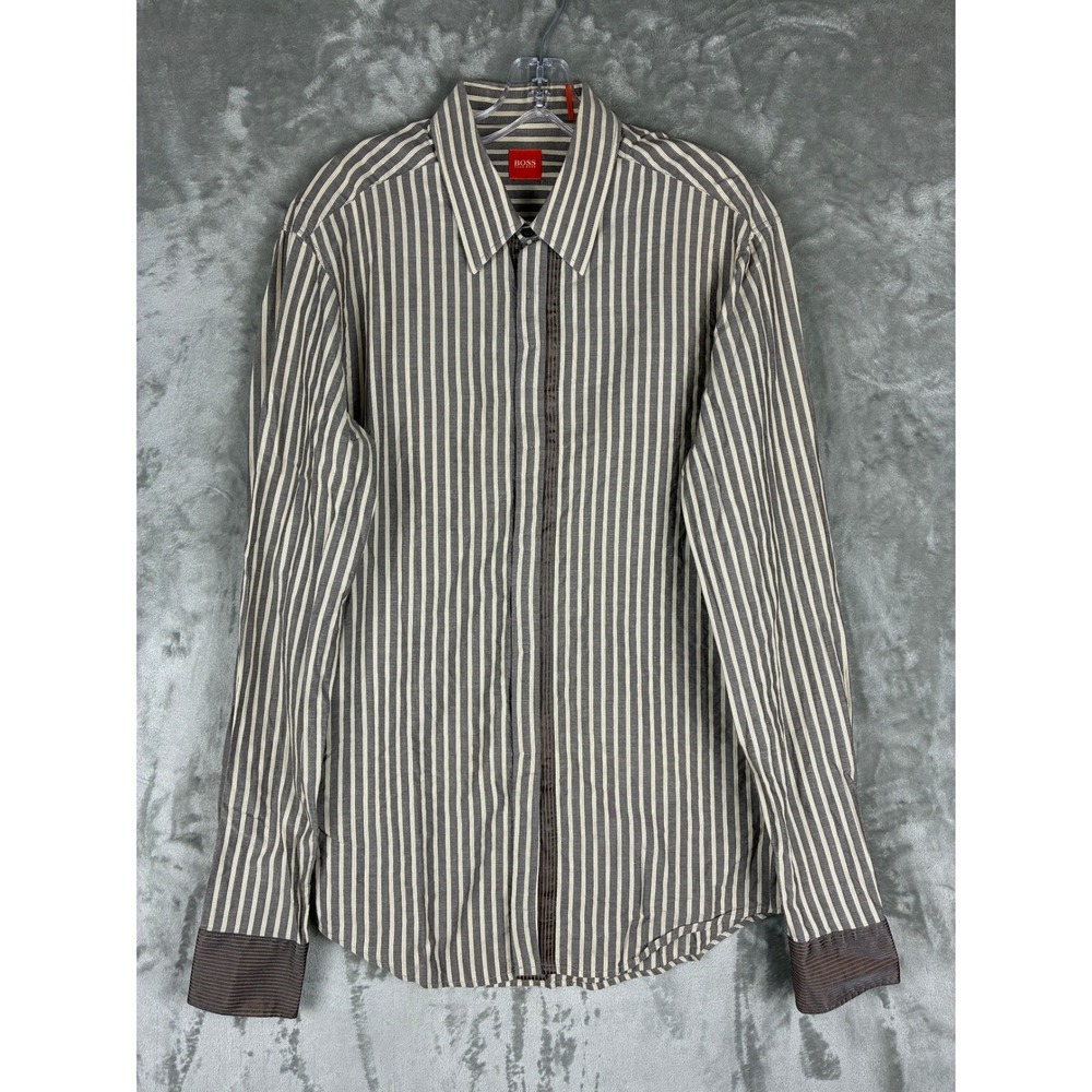 Hugo Boss Orange Label Estro Mens Medium Grey White Striped Hidden Button Shirt